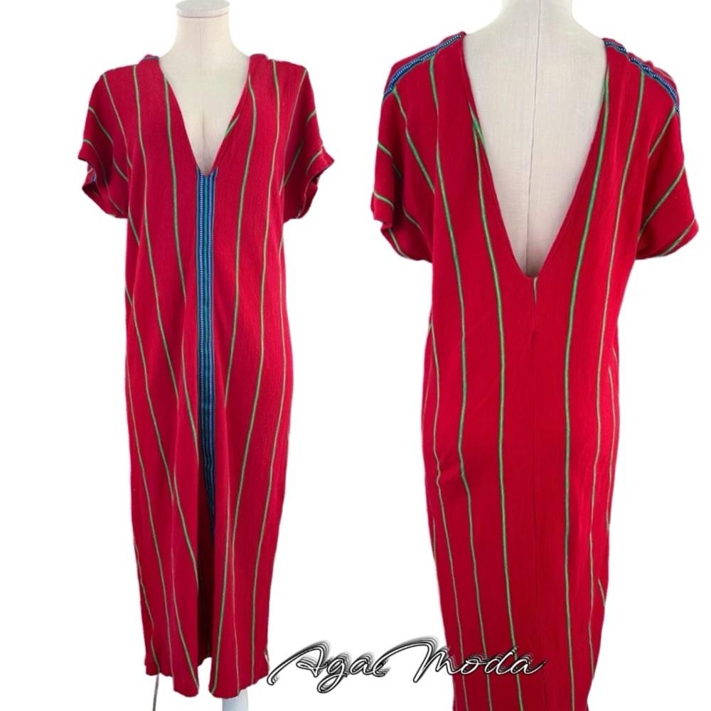 ZARA Trafaluc maxi red dress with thin green stripes and deep v neckline